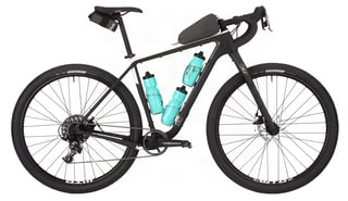 Black Salsa Cutthroat set up for a fast day out, with a top-tube bag and three teal bottles.