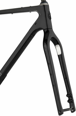 Salsa Cutthroat carbon fork close-up with script logo, mounting bosses and an abrasion plate inside the leg.