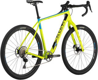 Rear three-quarter view of the yellow and blue Salsa Cutthroat GRX 810 1x for 2020 with Teravail Sparwood tyres.