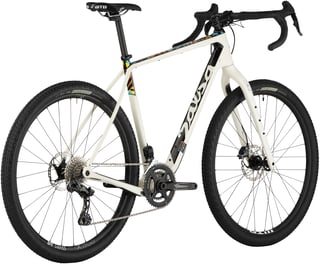 White Salsa Cutthroat Di2 model with large Salsa downtube logo and colourful graphics on the top tube.