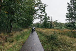 Backyard Breakaway riders in a small group head along a wet cycle path through heath and woodland.