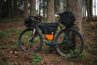 Green bikepacking bike with a black and orange Detour Studio frame bag leaning against a tree in a conifer forest.