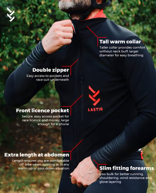 Front of the LASTIG cyclocross jacket with callouts for tall collar, double zipper, licence pocket and long abdomen cut.