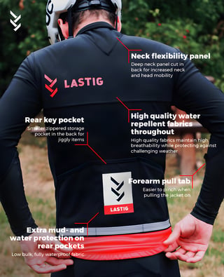 Back of the LASTIG cyclocross jacket with annotated features including neck panel, rear key pocket and forearm pull tab.