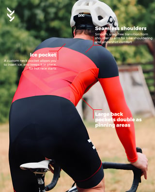 Rear of the LASTIG cyclocross race suit with callouts for seamless shoulders, neck ice pocket and large back pockets.