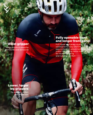 LASTIG red and black cyclocross race suit on a rider, with callouts for waist gripper, openable front and leg grippers.