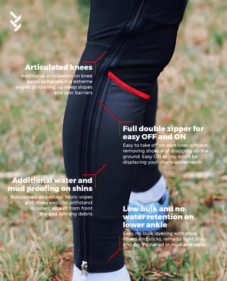 Side of a LASTIG cyclocross tights leg with callouts for articulated knees, full double zip and mud-proof shins.