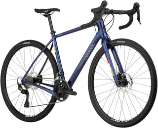 Dark blue Salsa Warbird GRX 600 from the front three-quarter view, showing hydraulic disc brakes.