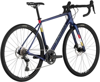 Dark blue Salsa Warbird GRX 600 from the rear three-quarter view, with red, white and yellow decals.