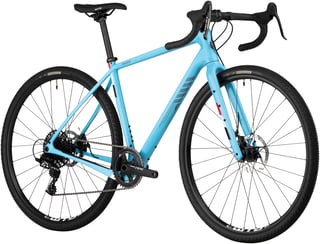 Light blue Salsa Warbird Apex 1 from the front three-quarter view, with cowbell bars and a single chainring.