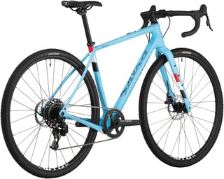 Light blue Salsa Warbird Apex 1 from the rear three-quarter view, with 1x SRAM Apex crankset.