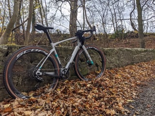 Grey and teal Chapter2 bike with Scope R4A wheels against a stone wall among autumn leaves.