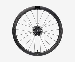 Scope R4A front wheel with black decals and a disc rotor, side view.