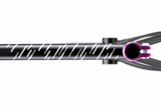 Top tube of the black Fairlight Secan with silver graphics and a purple Hope seatpost clamp.