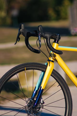 Wish One SUB drop bars and carbon fork, with a disc brake on the front wheel, against a blurred park.