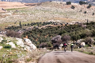 Two riders head along a road between white boulders and olive groves in the Jordanian hills.