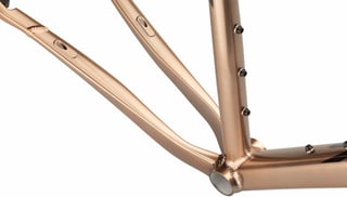 Close-up of the Salsa Stormchaser bottom bracket, seat tube bottle bosses and welded chainstays.