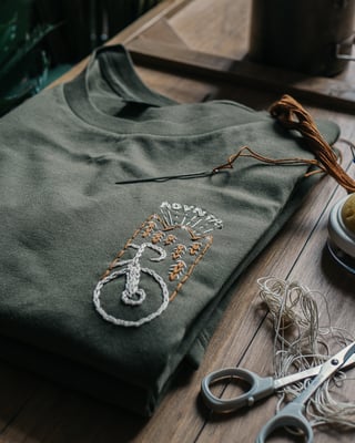 Close view of the ADVNTR bike and mountain embroidery on a folded army green tee, with scissors and thread.