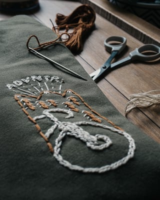 Close-up of the chain-stitched bike, trees and mountains on the Get Wild x ADVNTR t-shirt, with needle and scissors.