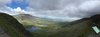 Panorama from a mountain pass over a green valley and small loughs on the Dingle Peninsula, Kerry.