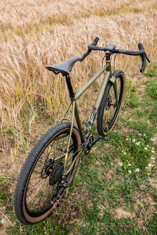 Bombtrack Hook EXT from behind, with Brooks saddle and bourbon hubs, standing in a barley field with daisies.