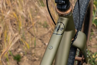 Bombtrack bee head badge below the Chris King GripLock headset on the Hook EXT, with barley behind.