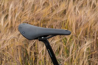 Brooks Cambium C13 saddle side-on on its Ritchey seatpost, against ripening barley.