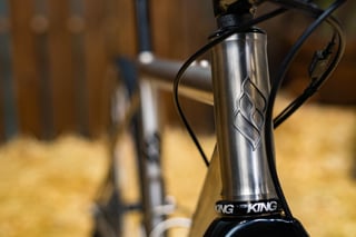 Embossed titanium head tube and Chris King headset on the Holland Cycles Gravel.
