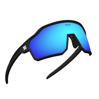 SunGod Velans FF full-frame cycling sunglasses in matt black with a blue mirrored lens, on white.