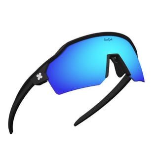 SunGod Velans TF half-frame cycling sunglasses in matt black with a blue mirrored lens, on white.
