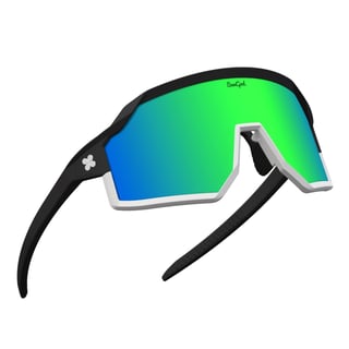 SunGod Vulcans FF full-frame sunglasses with a black and white frame and a green mirrored lens, on white.