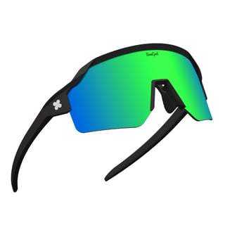 SunGod Vulcans TF half-frame sunglasses in matt black with a green mirrored lens, on white.