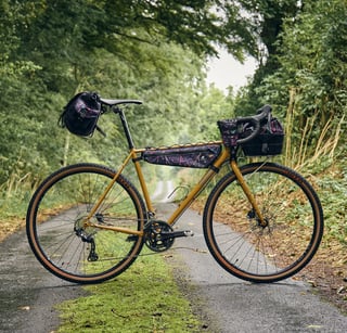 Winter Bracken Fairlight Faran with Wizard Works splatter bags and tan-wall tyres, on a leafy lane.