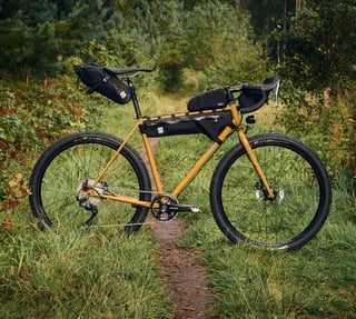Side view of the Winter Bracken Fairlight Faran 2 with Straight Cut Design frame, saddle and bar bags on a woodland path.