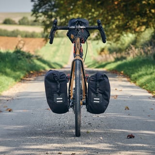Front view of the Restrap-equipped Fairlight Faran 2 with two panniers on the front rack, on a leafy lane.