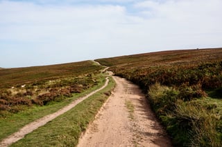 Wide stony track winding over heather moorland on the Quantock Hills gravel loop.