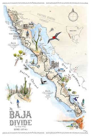 Illustrated map of The Baja Divide bikepacking route, 1,673 miles from San Diego to Cabo Pulmo, by Alex Hotchin.