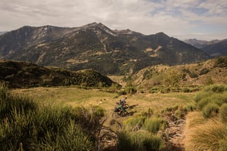 Two bikepackers ride a grassy track through scrub below forested peaks on their last Pyrenean trip together.