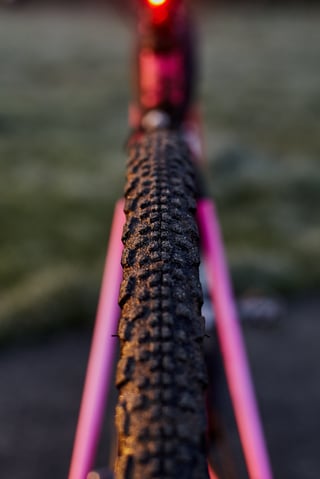 Rear view of a Maxxis Ravager tyre with a pink frame and red rear light, the central tread knobs in sharp focus.