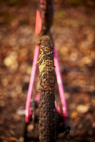 Muddy Maxxis Ravager tyre seen from above between pink frame stays, with leaf debris stuck to the tread.