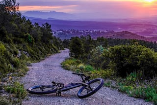 Bike lying on a gravel track at first light, looking out over a wooded valley to jagged mountains.
