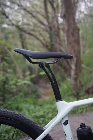 Canyon Grizl VCLS carbon seatpost and saddle, with the pale green frame and a woodland trail behind.
