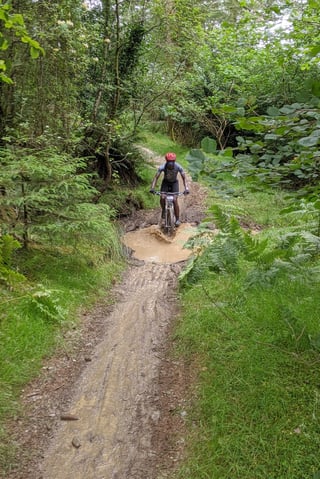 Rider on a mountain bike splashes through a muddy puddle on a wooded trail at Grinduro 2021.