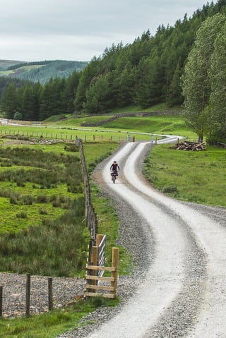 Lone rider on a loaded bike descends a winding gravel track beside forest on the Rapha Pennine Rally.
