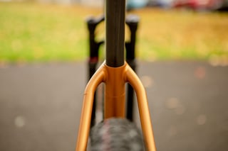 Rear view of the Quirk Superchub seat tube and slim copper seat stays, with a carbon seatpost.