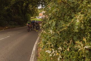 Women's Tour of Britain peloton climbs a tree-lined Essex lane, led by a rider in a green jersey.