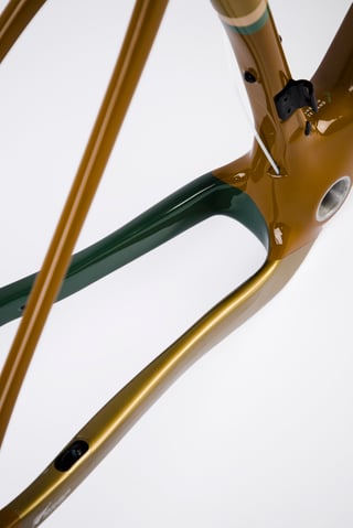 Close-up of the Chapter2 AO chainstay and bottom bracket, painted in bronze, green and gold.