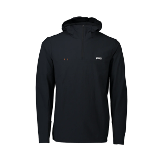 POC Mantle thermal hoodie in black, front view, with quarter zip and orange stitching.