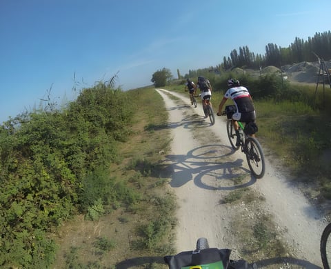 Romagna Bike Trail riders with bikepacking bags follow a white gravel track beside green scrub on a sunny day.