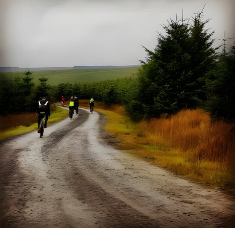Group of riders on a wet gravel road through conifers and moorland, practising gravel riding skills.